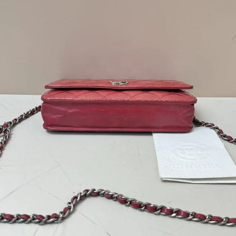 Chanel Caviar Red Patent Leather Wallet On Chain Quilted WOC