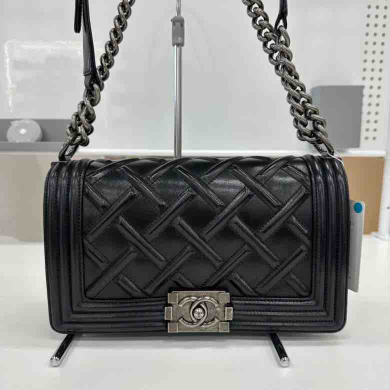 Chanel Quilted Embossed Boy Flap Bag, Black Calfskin, Medium