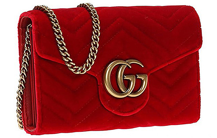 (WMNS) Gucci GG Marmont Gold Logo Distress Velvet Chain Shoulder Messenger Bag Mini Red 474575-9QIDT-6433