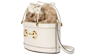 (WMNS) Gucci Horsebit 1955 Retro Gold buckle Logo Canvas Drawstring Shoulder Messenger Bag White 602118-1DBUG-9095