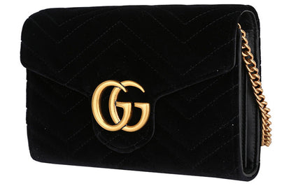 (WMNS) Gucci GG Marmont Gold Logo Distress Velvet Chain Shoulder Messenger Bag Mini Black 474575-9QIDT-1000