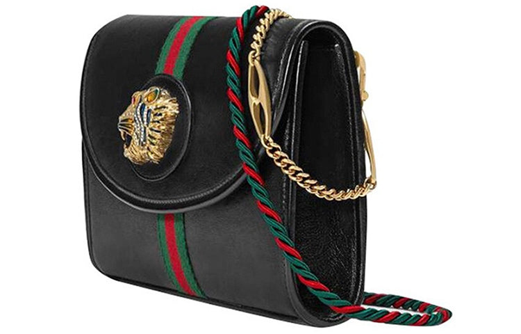 (WMNS) Gucci Rajah Enamel Tiger Head Stripe Webbing Leather Chain Shoulder Messenger Bag Black Retro 564697-0OLKX-8389