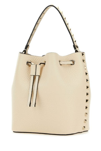 Valentino Garavani Woman Ivory Leather Rockstud Bucket Bag