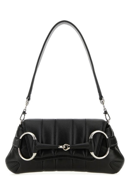 Gucci Woman Black Small Gucci Horsebit Chain Leather Shoulder Bag