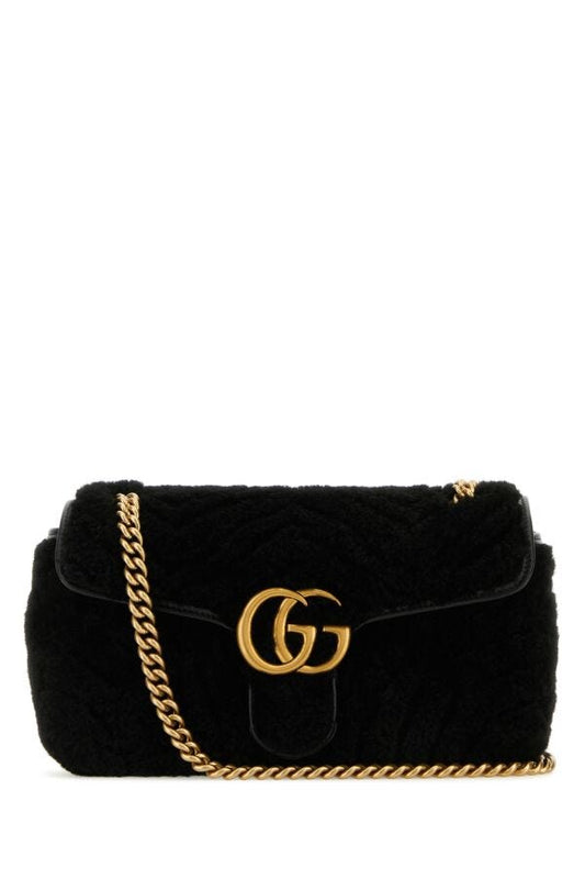 Gucci Woman Black Shearling Small Gg Marmont Shoulder Bag