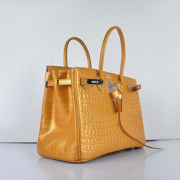 Hermes Birkin 35cm 6089 New Golden Crocodile Vein Handbags Silver