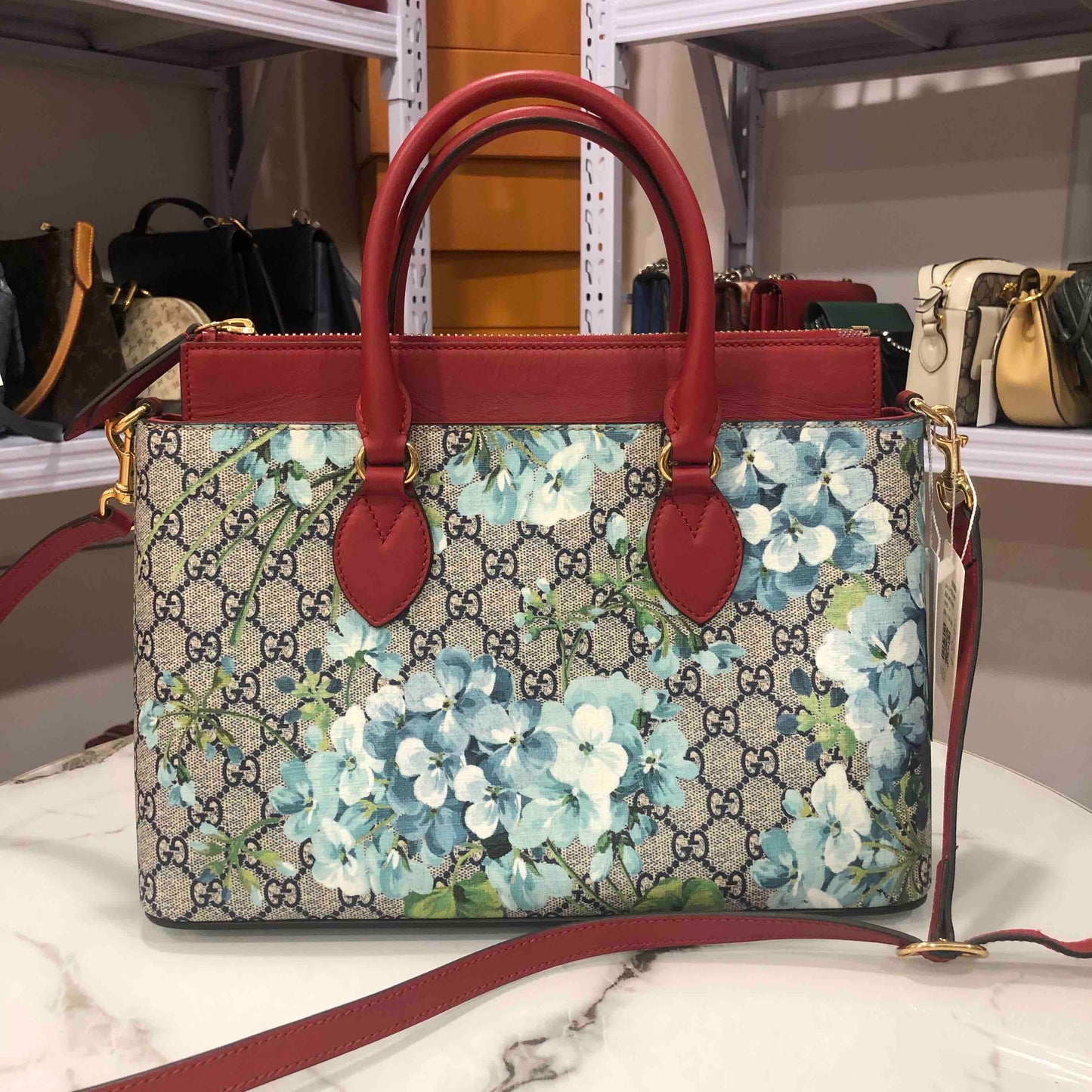 Gucci Floral Canvas and Leather Two-Way Bag Medium Brown and Blue Floral Pattern