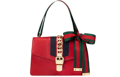 (WMNS) Gucci Sylvie Gold buckle Stripe Webbing Bow Wide Version Leather handbag Small Red 421882-CVLEG-8604