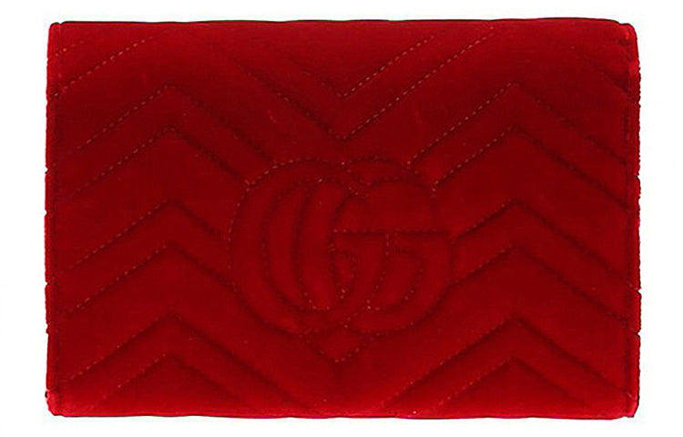 (WMNS) Gucci GG Marmont Gold Logo Distress Velvet Chain Shoulder Messenger Bag Mini Red 474575-9QIDT-6433