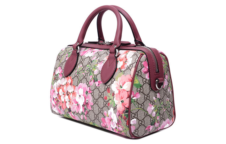 (WMNS) Gucci GG Blooms Logo Printing Canvas Boston Small Ebony / Pink / Wine Red Handbag 409529-KU2IN-8693