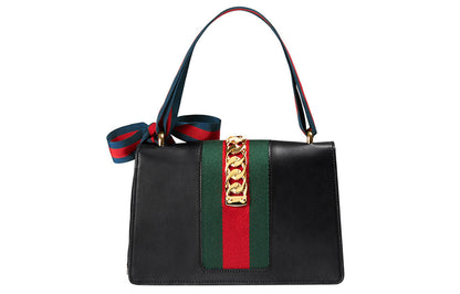 (WMNS) Gucci Sylvie Gold buckle Stripe Webbing Bow Wide Version Leather handbag Small Black 421882CVLEG-8638