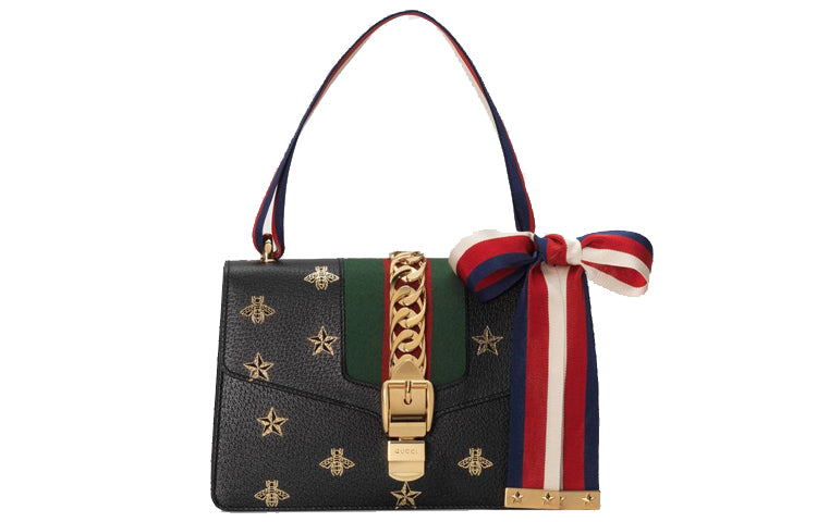 (WMNS) Gucci Sylvie Gold buckle Bee Pattern Stripe Webbing Bow handbag Small Black Classic 524405-DJ2RG-8571