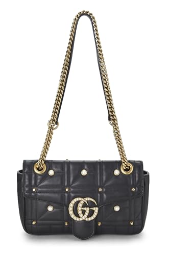 Gucci,  Black Leather & Faux Pearl GG Marmont Shoulder Bag Small, Black