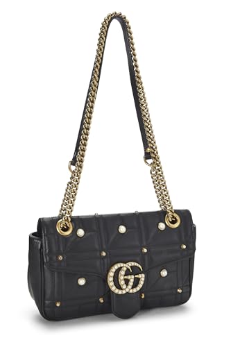 Gucci,  Black Leather & Faux Pearl GG Marmont Shoulder Bag Small, Black