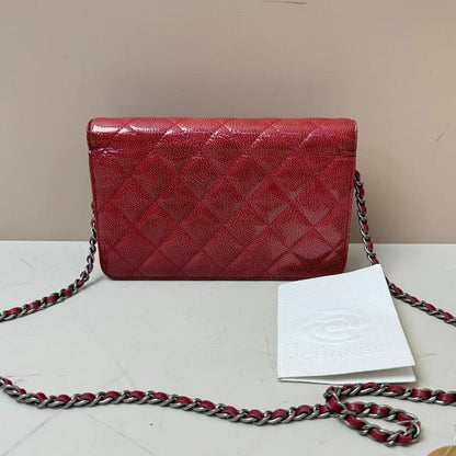 Chanel Caviar Red Patent Leather Wallet On Chain Quilted WOC