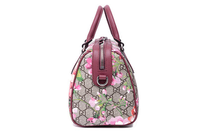 (WMNS) Gucci GG Blooms Logo Printing Canvas Boston Small Ebony / Pink / Wine Red Handbag 409529-KU2IN-8693