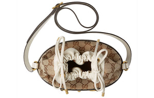 (WMNS) Gucci Horsebit 1955 Retro Gold buckle Logo Canvas Drawstring Shoulder Messenger Bag White 602118-1DBUG-9095