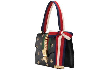 (WMNS) Gucci Sylvie Gold buckle Bee Pattern Stripe Webbing Bow handbag Small Black Classic 524405-DJ2RG-8571