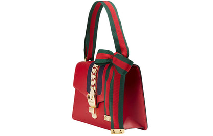 (WMNS) Gucci Sylvie Gold buckle Stripe Webbing Bow Wide Version Leather handbag Small Red 421882-CVLEG-8604