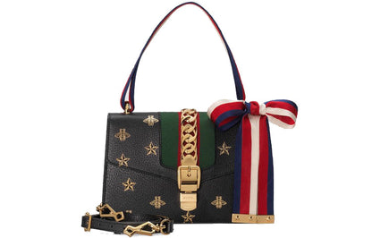 (WMNS) Gucci Sylvie Gold buckle Bee Pattern Stripe Webbing Bow handbag Small Black Classic 524405-DJ2RG-8571