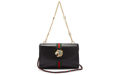 (WMNS) Gucci Rajah Enamel Tiger Head Stripe Webbing Leather Chain Shoulder Messenger Bag Black Retro 564697-0OLKX-8389