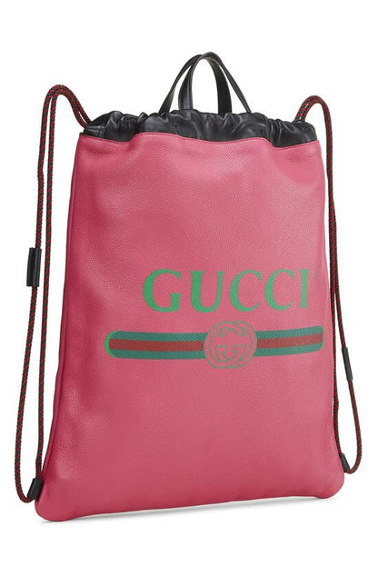 Gucci,  Pink Leather Logo Print Drawstring Backpack Large , Pink