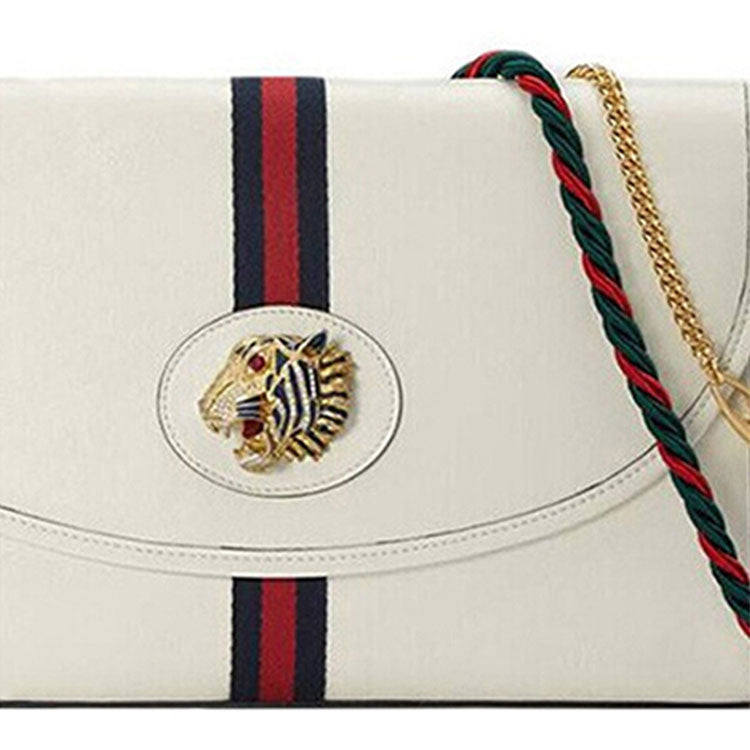 (WMNS) Gucci Rajah Enamel Tiger Head Stripe Webbing Leather Chain Shoulder Messenger Bag White Retro 564697-0OLKX-8609