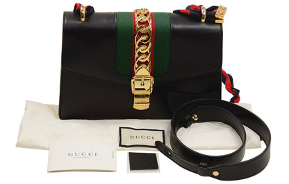 (WMNS) Gucci Sylvie Gold buckle Stripe Webbing Bow Wide Version Leather handbag Small Black 421882CVLEG-8638