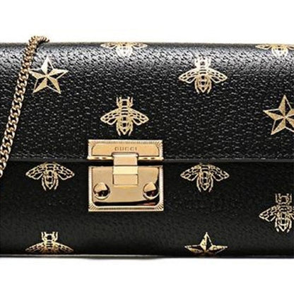 (WMNS) Gucci Padlock Metallic Bee Star Printing Leather Chain Wallet Shoulder Bag Armpit Black Handbag 453506-DJ2KG-8474