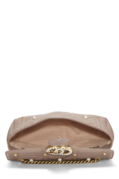 Gucci,  Beige Leather & Faux Pearl GG Marmont Shoulder Bag Small, Beige