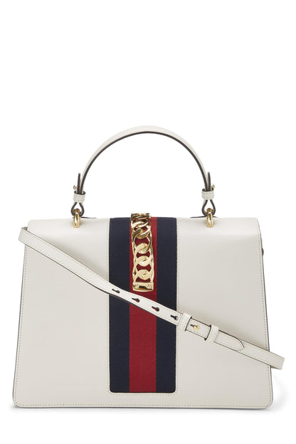 Gucci,  White Leather Embroidered Sylvie Top Handle Bag Medium, White