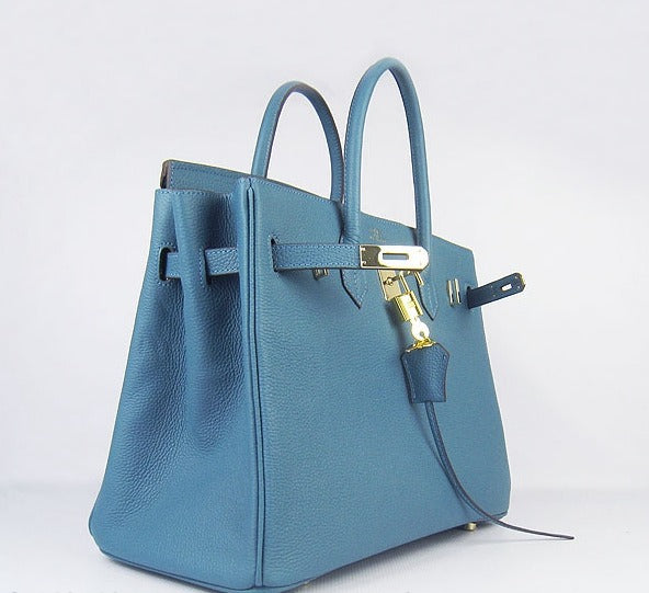 Hermes Birkin 35cm Cattle Skin Vein Handbags Blue Golden