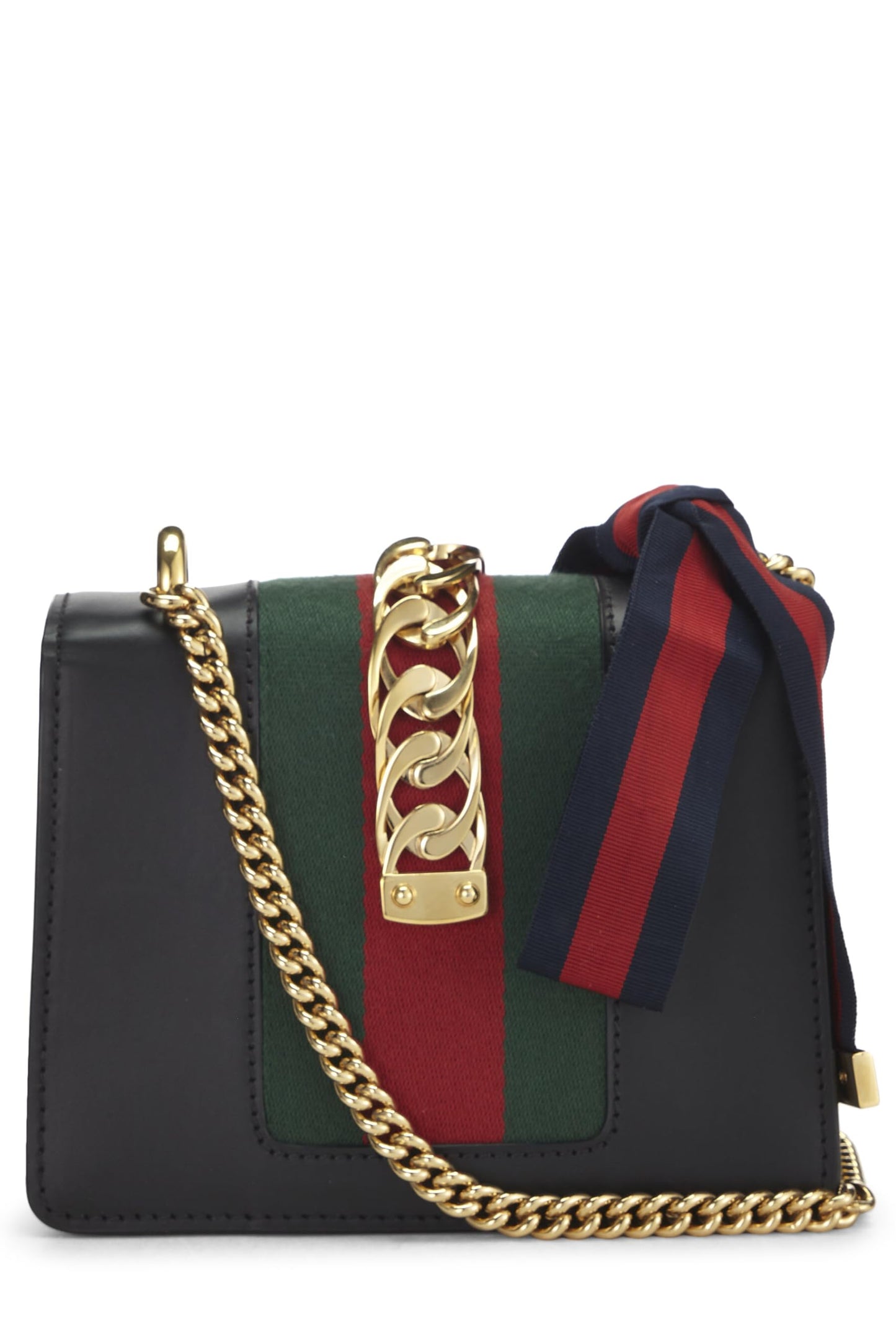 Gucci,  Black Leather Web Sylvie Chain Bag Mini, Black