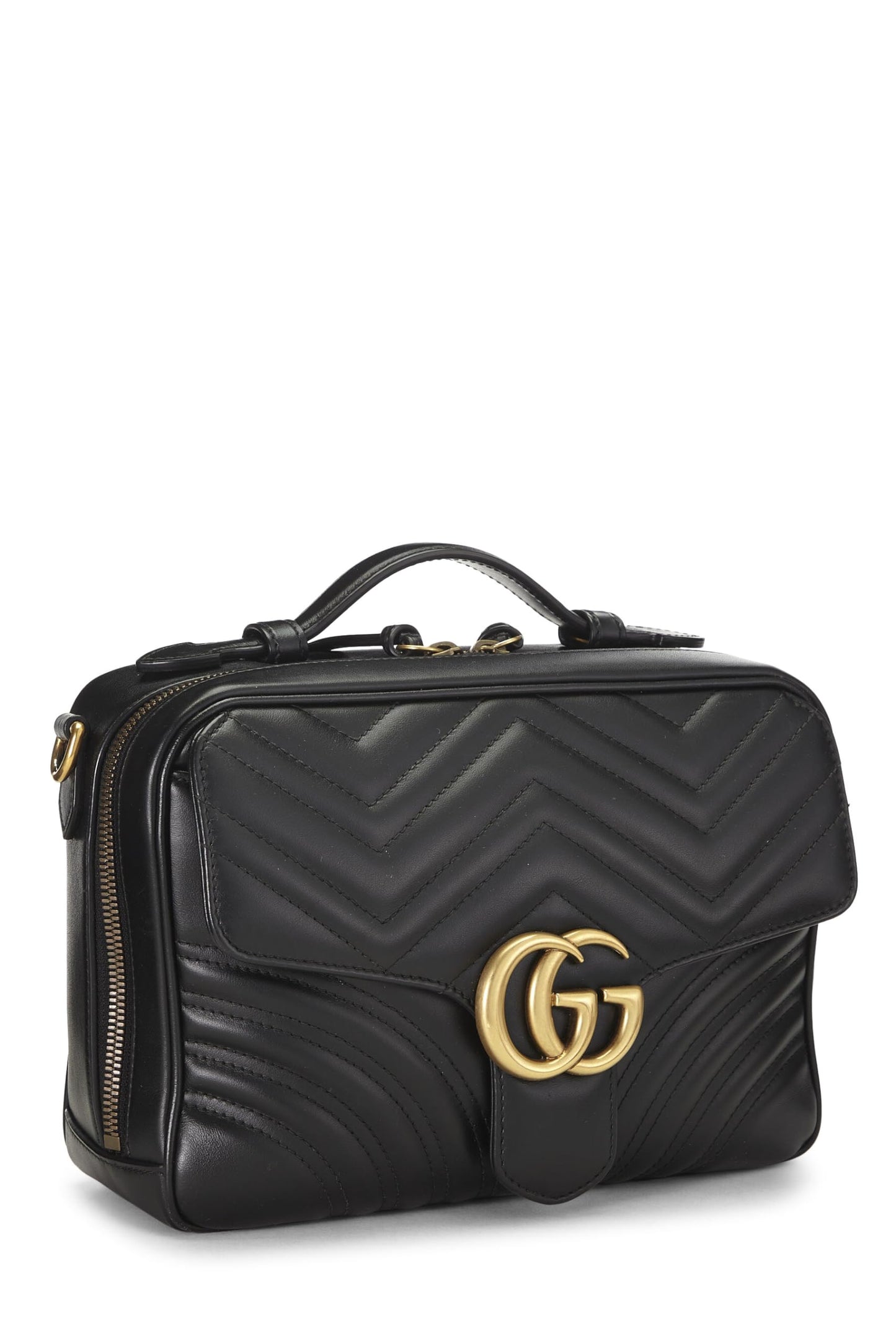 Gucci,  Black Leather GG Marmont Top Handle Shoulder Bag Small, Black