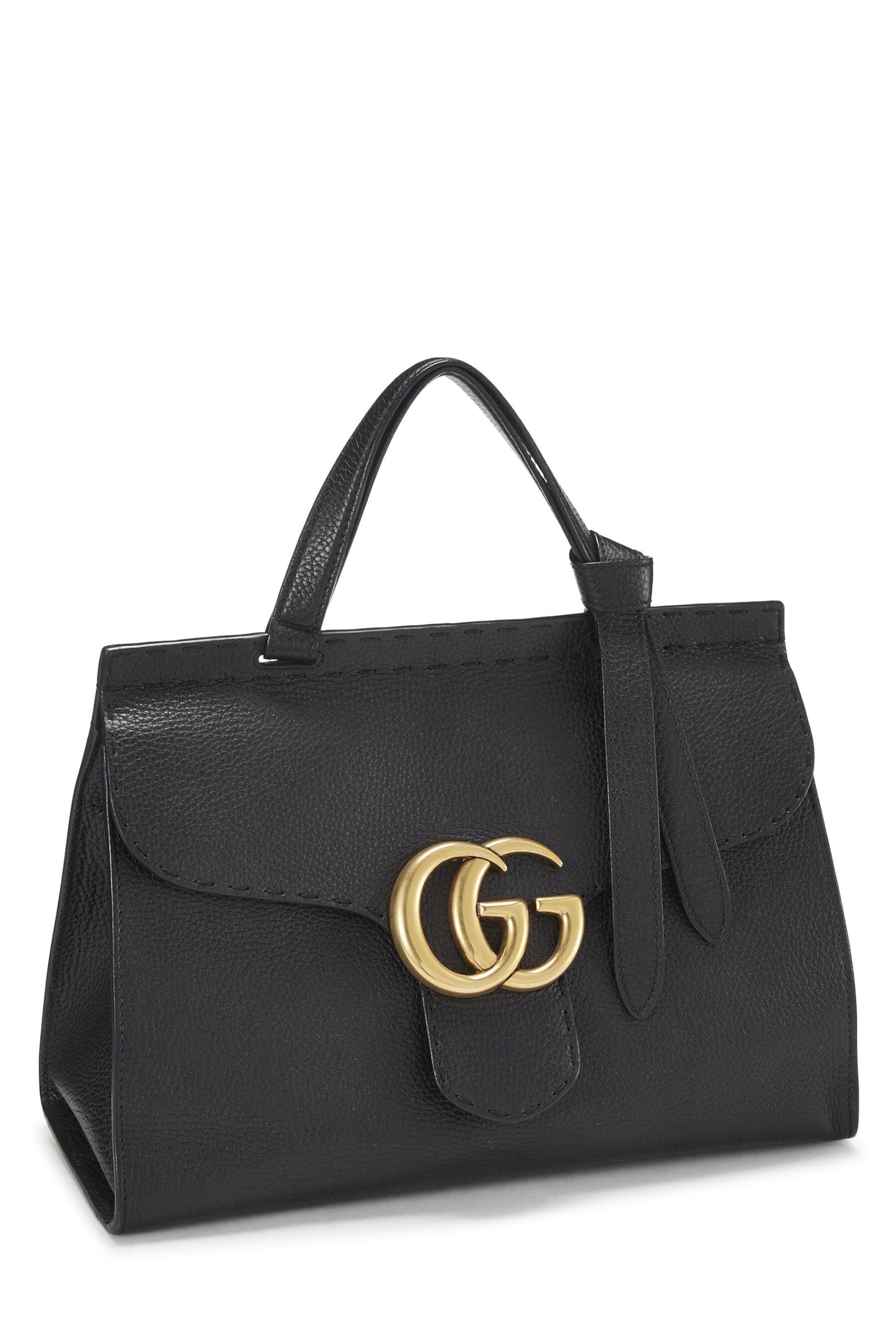 Gucci,  Black Leather GG Marmont Top Handle Flap Bag Small, Black