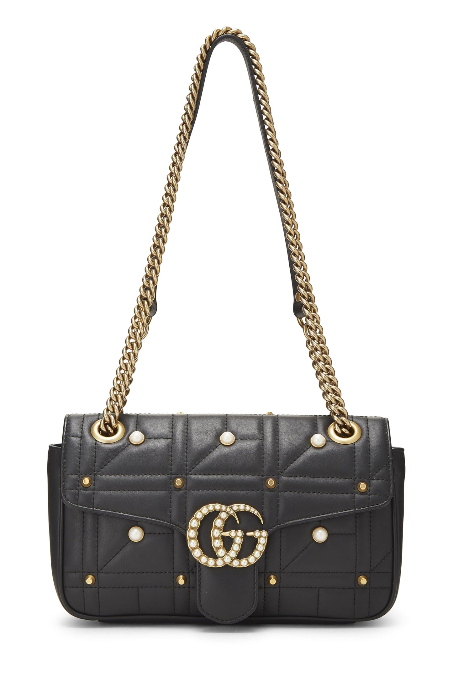 Gucci,  Black Faux Pearl Matelassé Leather Marmont Shoulder Bag Small, Black