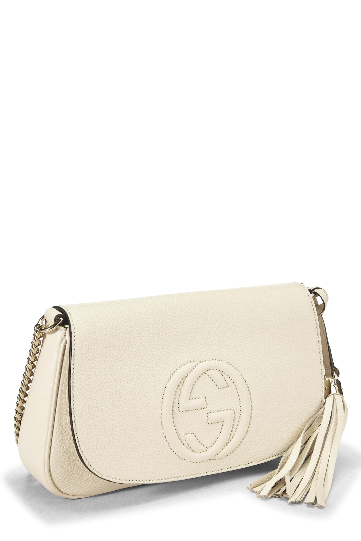 Gucci,  Beige Grained Leather Soho Chain Flap Crossbody, Gold