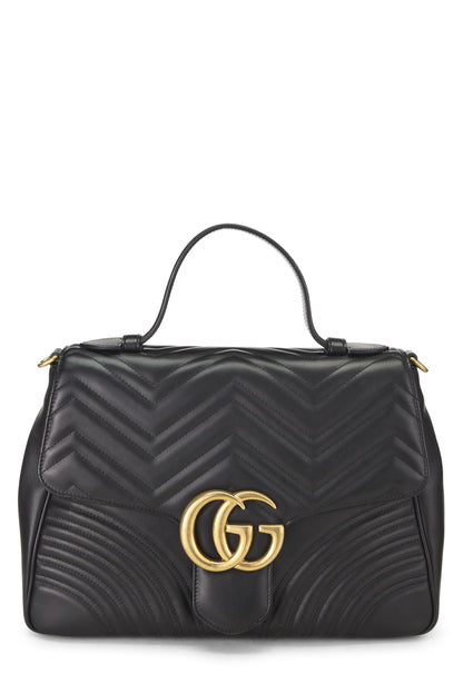 Gucci,  Black Leather GG Marmont Top Handle Shoulder Bag Medium, Black