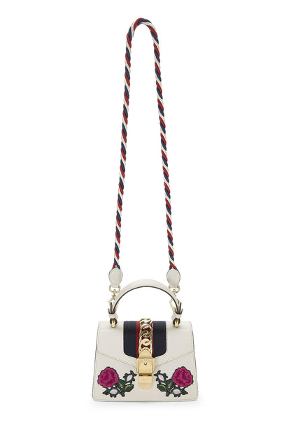 Gucci,  White Embroidered Leather Web Sylvie Mini, White