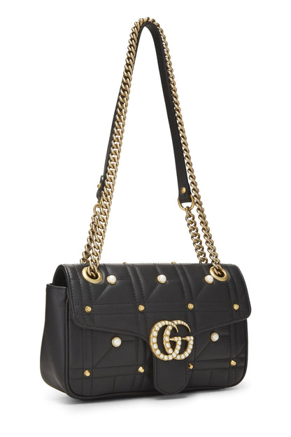 Gucci,  Black Faux Pearl Matelassé Leather Marmont Shoulder Bag Small, Black