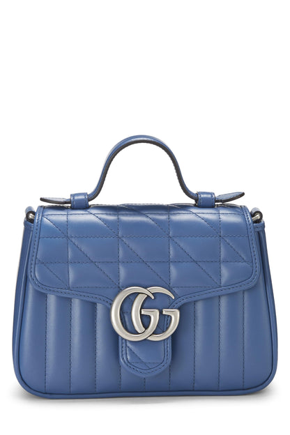 Gucci,  Blue Leather GG Marmont Top Handle Bag Mini, Blue