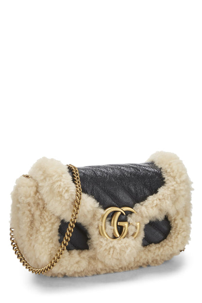 Gucci,  Black Leather & Shearling GG Marmont Shoulder Bag Mini, Black