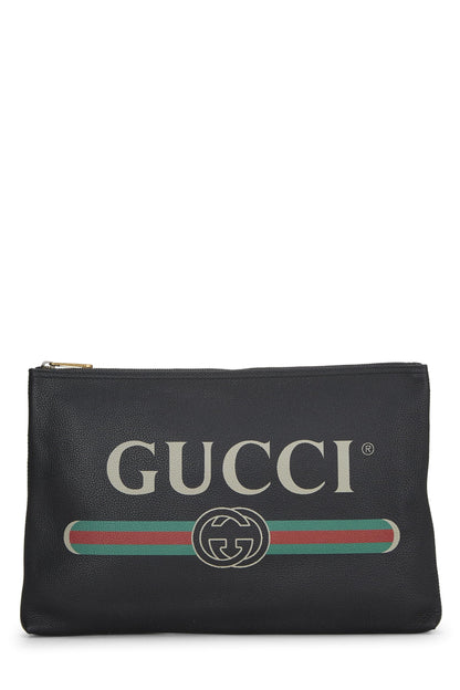 Gucci,  Black Leather Logo Print Pouch, Black