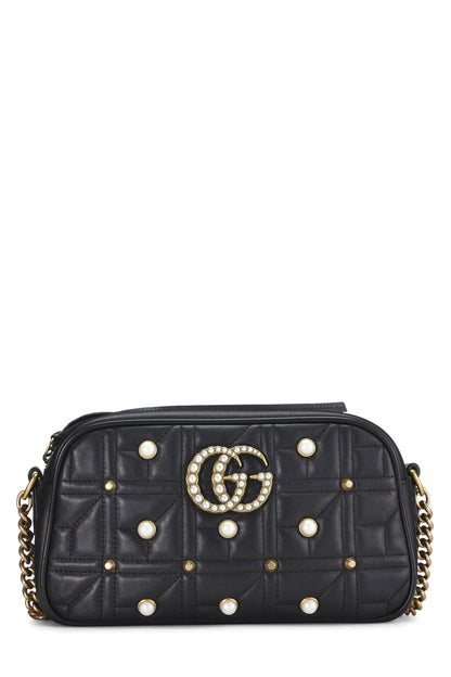 Gucci,  Black Leather & Faux Pearl GG Marmont Crossbody Small, Black