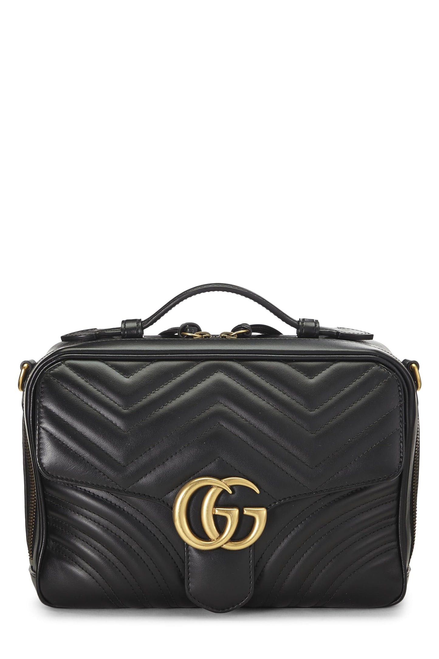 Gucci,  Black Leather GG Marmont Top Handle Shoulder Bag Small, Black