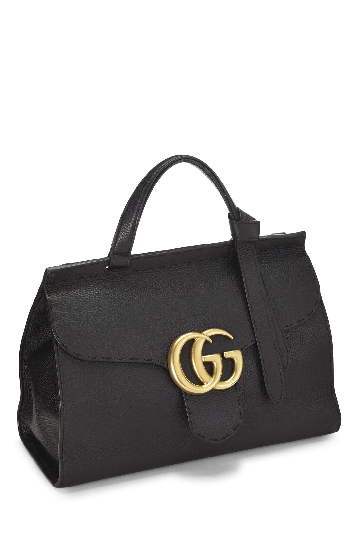 Gucci,  Black Leather GG Marmont Top Handle Flap Bag Small, Black