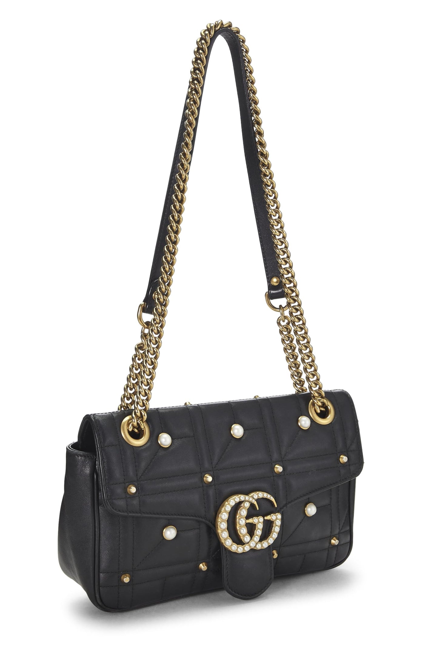 Gucci,  Black Leather & Faux Pearl GG Marmont Shoulder Bag Small, Black