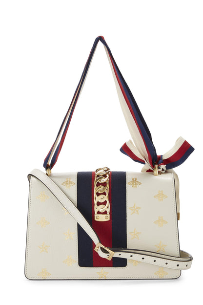 Gucci,  Cream Bee & Star Leather Sylvie Shoulder Bag Small, White