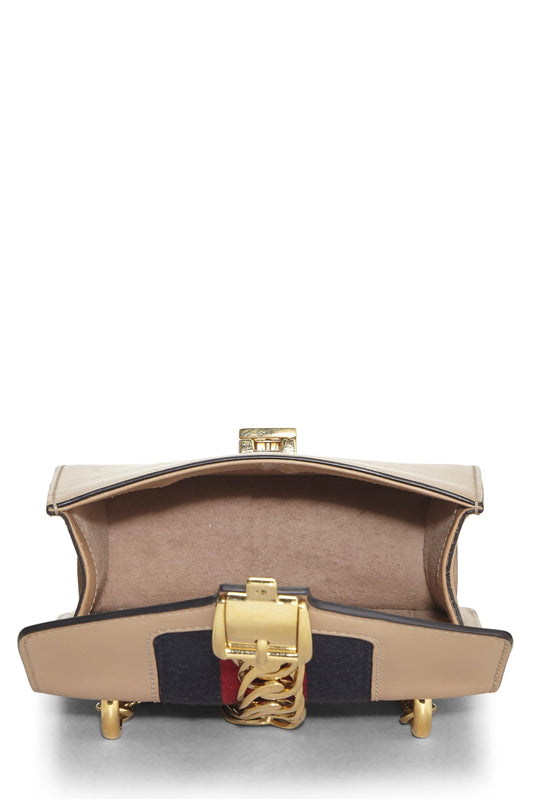 Gucci,  Beige Leather Web Sylvie Mini, Beige