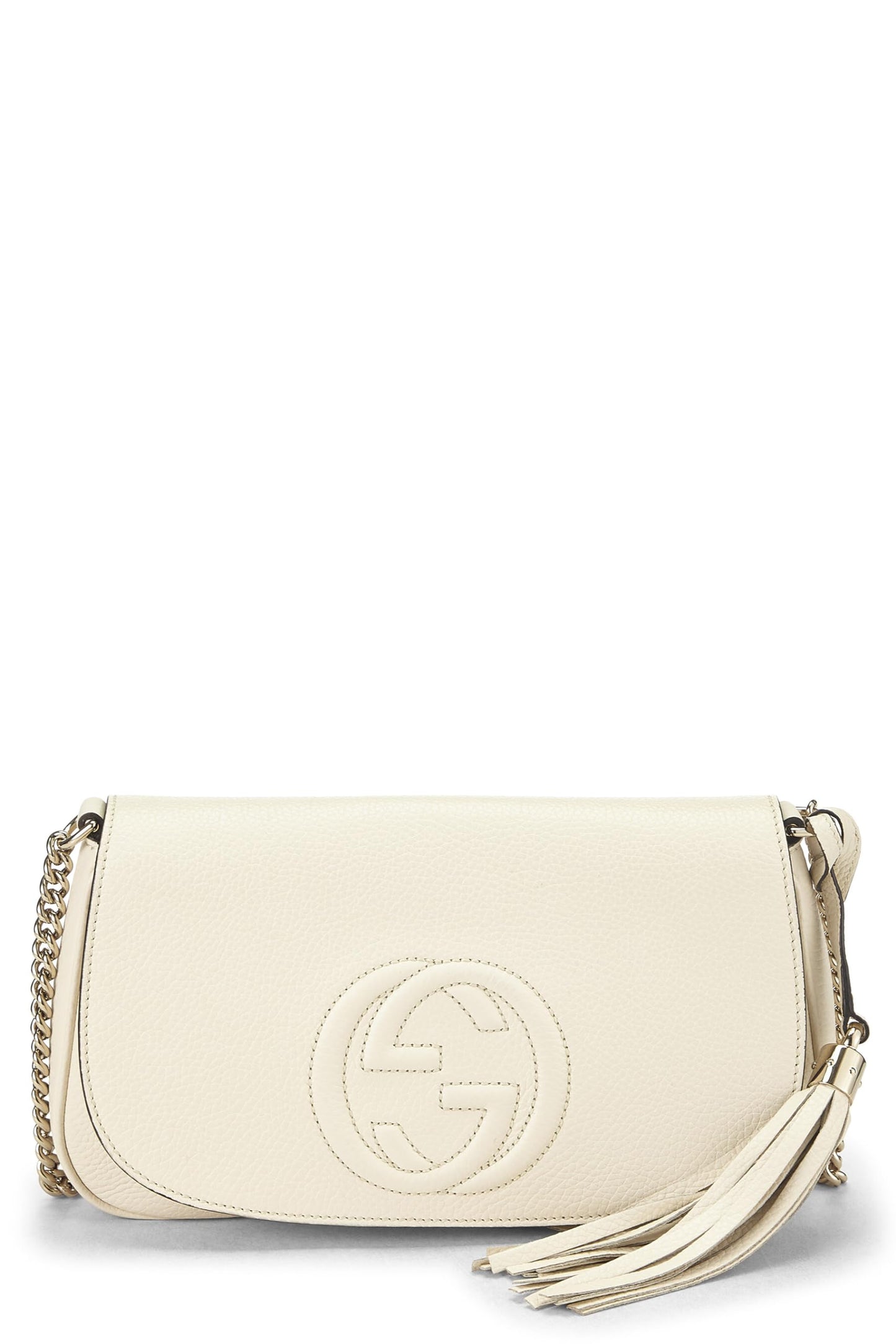 Gucci,  Beige Grained Leather Soho Chain Flap Crossbody, Gold